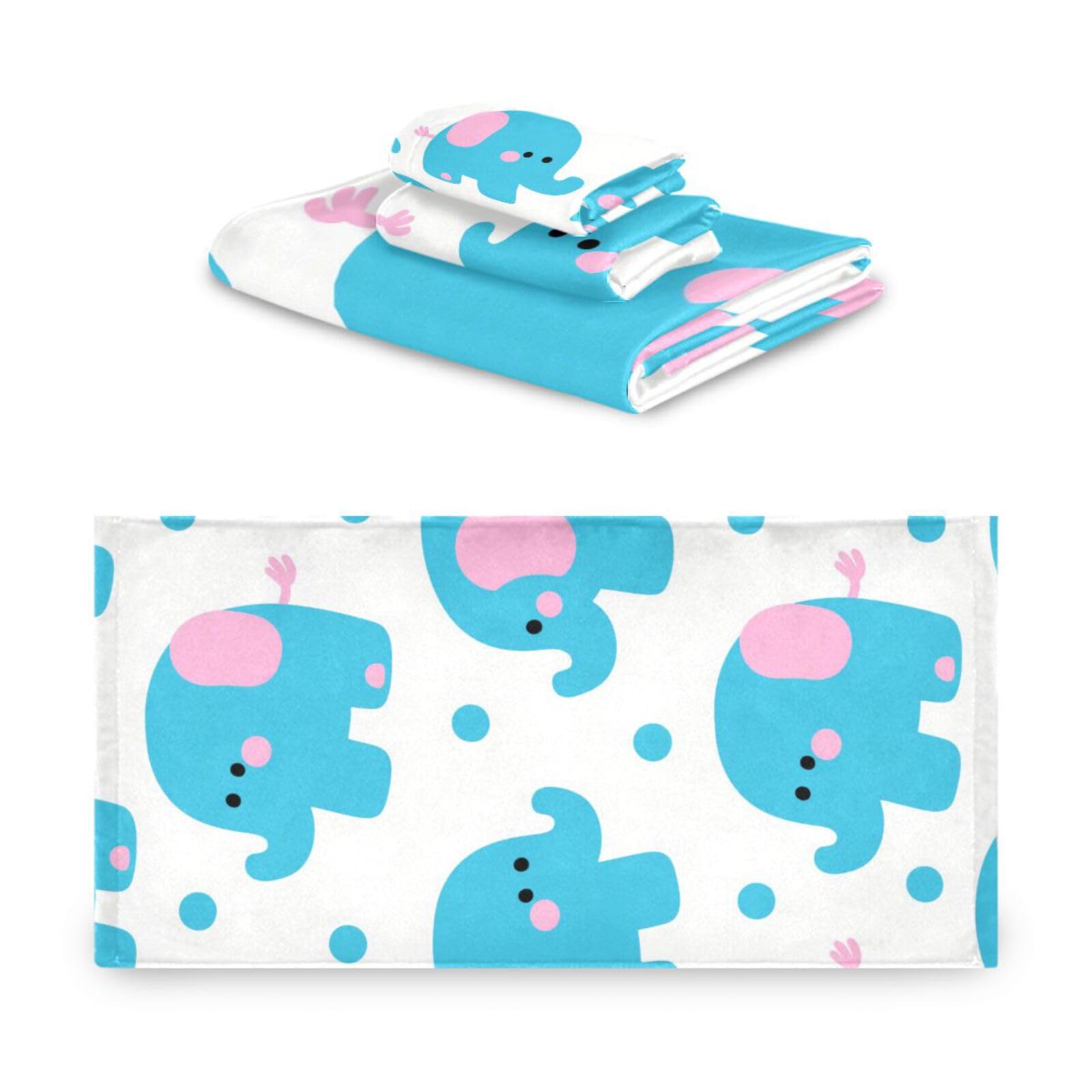 Set di 3 asciugamani morbidi per il viso con elefanti blu in stile cartone animato, 1 asciugamano da bagno, 1 asciugamano per le mani, 1 panno per la casa, cucina e famiglia