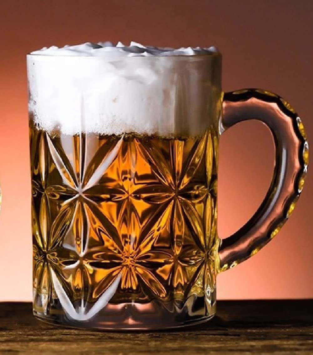 VILON Italian Premium Glass Beer Mugs with Handle | Crystal Clear Glass Beer Mug | 400ml (12, Desgin Beer Mug 420ML)