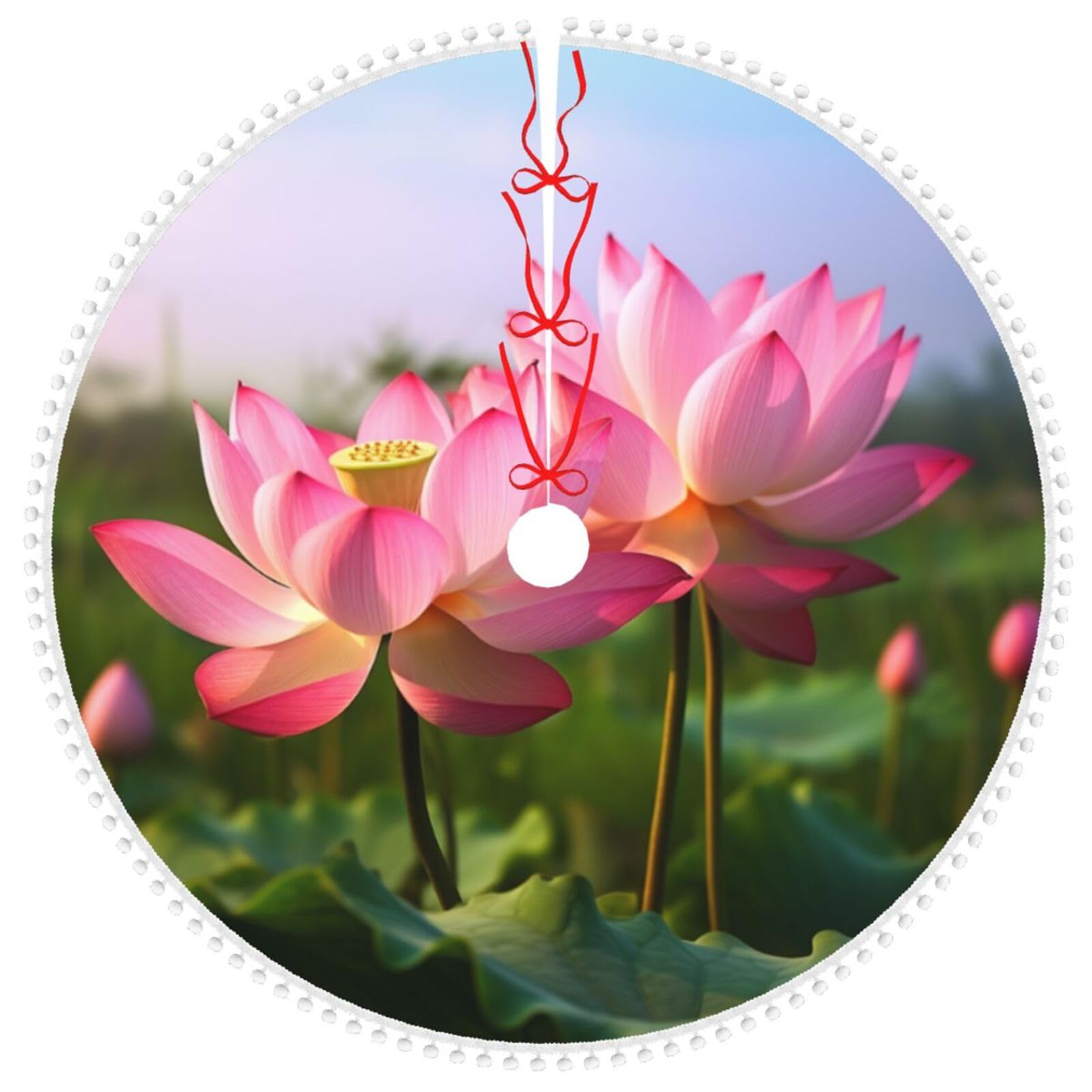 Jupe de sapin de Noël fleur de lotus à pompons 91cm tapis intérieur extérieur