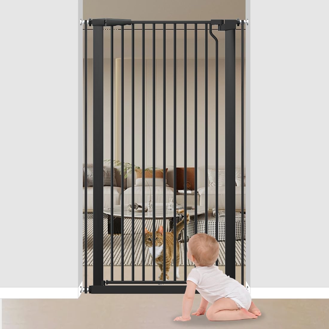 Cat Gate Extra Tall 51.18" - Adjustable Pet Gate for Doorways & Stairs 29.5" to 48.4" Wide, Pressure Mounted Cat Proof Dog Gate with Auto Close, Child Proof Safety Gate Metal, White