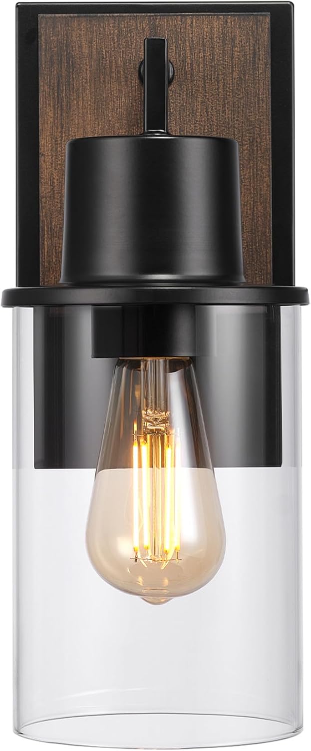 GLOBE Electric 60000025 1-Light Outdoor Wall Sconce, Matte Black, Faux Wood Accent, Clear Glass Shade, E26 Bulb, Outdoor Lighting Modern, Front Porch Décor, Wall Lighting, Outdoor Light Fixture