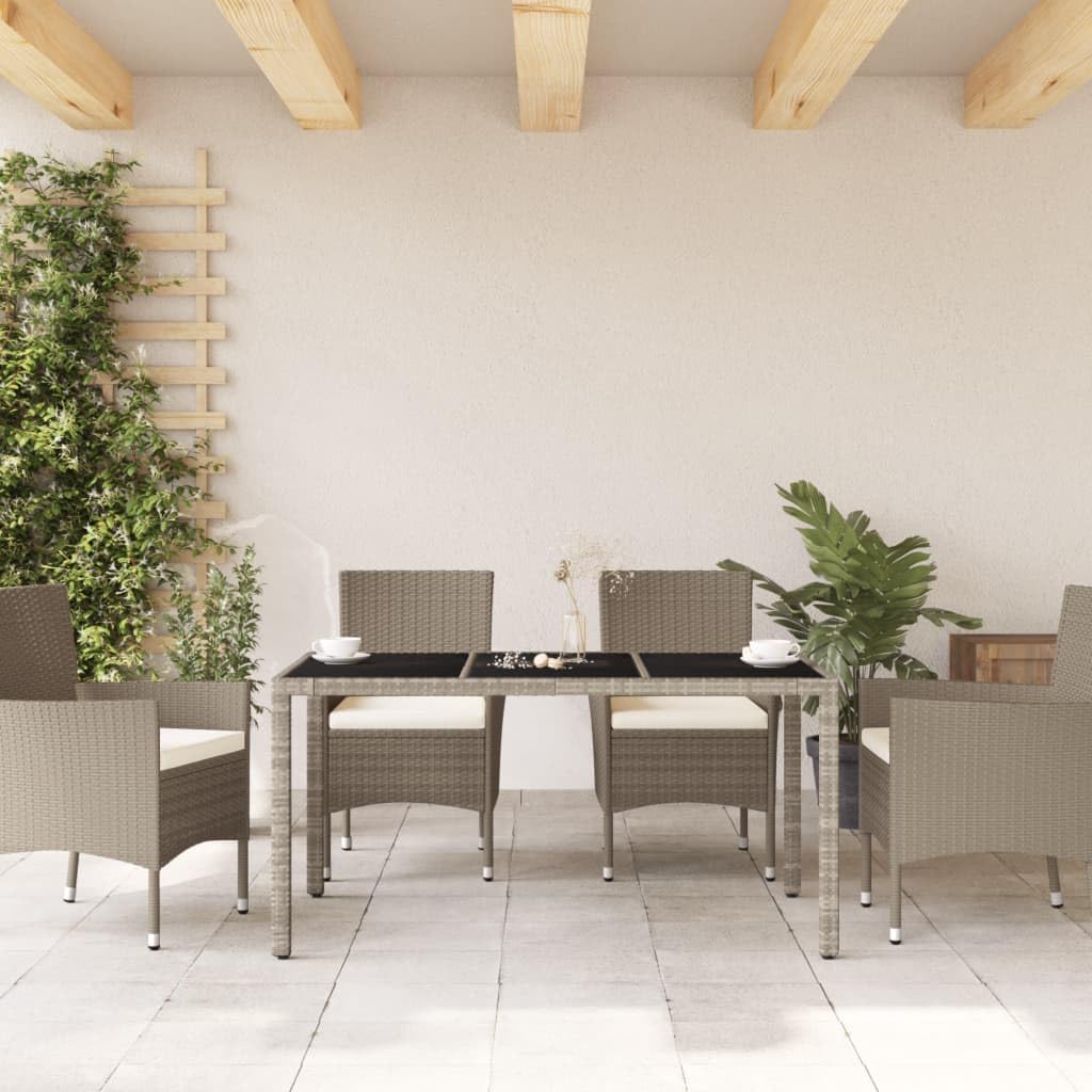 Mesa de jardín de ratán PE Gris con Superficie de Vidrio Templado 150x90x75 cm, Mueble para Exterior Resistente a la Intemperie, Ideal para terraza, Patio o balcón