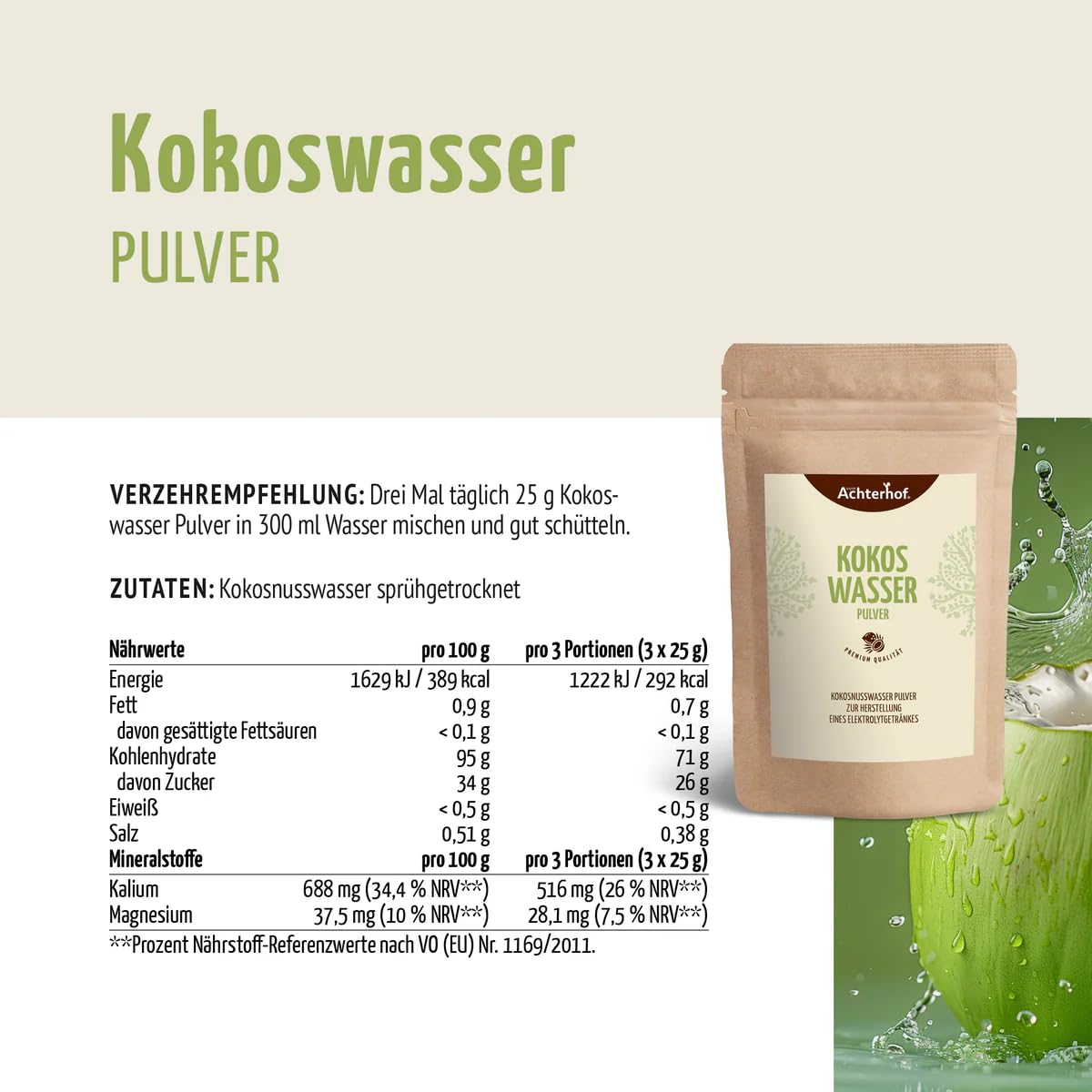 Kokoswasser Pulver 250g |erfrischende natürliches Elektrolyte-Getränk mit Magnesium & Potassium | schonend getrocknet | Achterhof