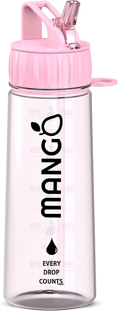 MANGO 600ml Water Bottle With Straw - Motivational Time Markings - BPA Free Sports Kids water Bottles With Flip Nozzle And Leakproof Cap - Perfect for Kids and Sports