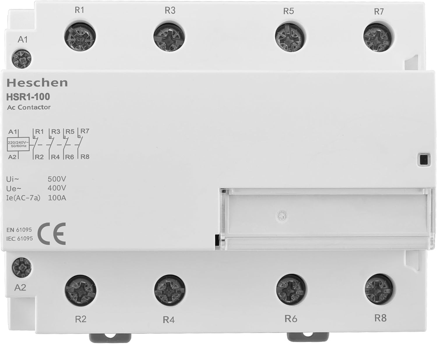 Heschen Household AC Contactor, HSR1-100, Ie 100A, 4 Pole, Four Normally Closed, AC 220V Coil Voltage, 35mm DIN Rail Mount