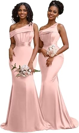 Satin Bridesmaid Dress for Wedding Long One Shoulder Corset Prom Dresses 2026 Mermaid Formal Evening Gowns Blush