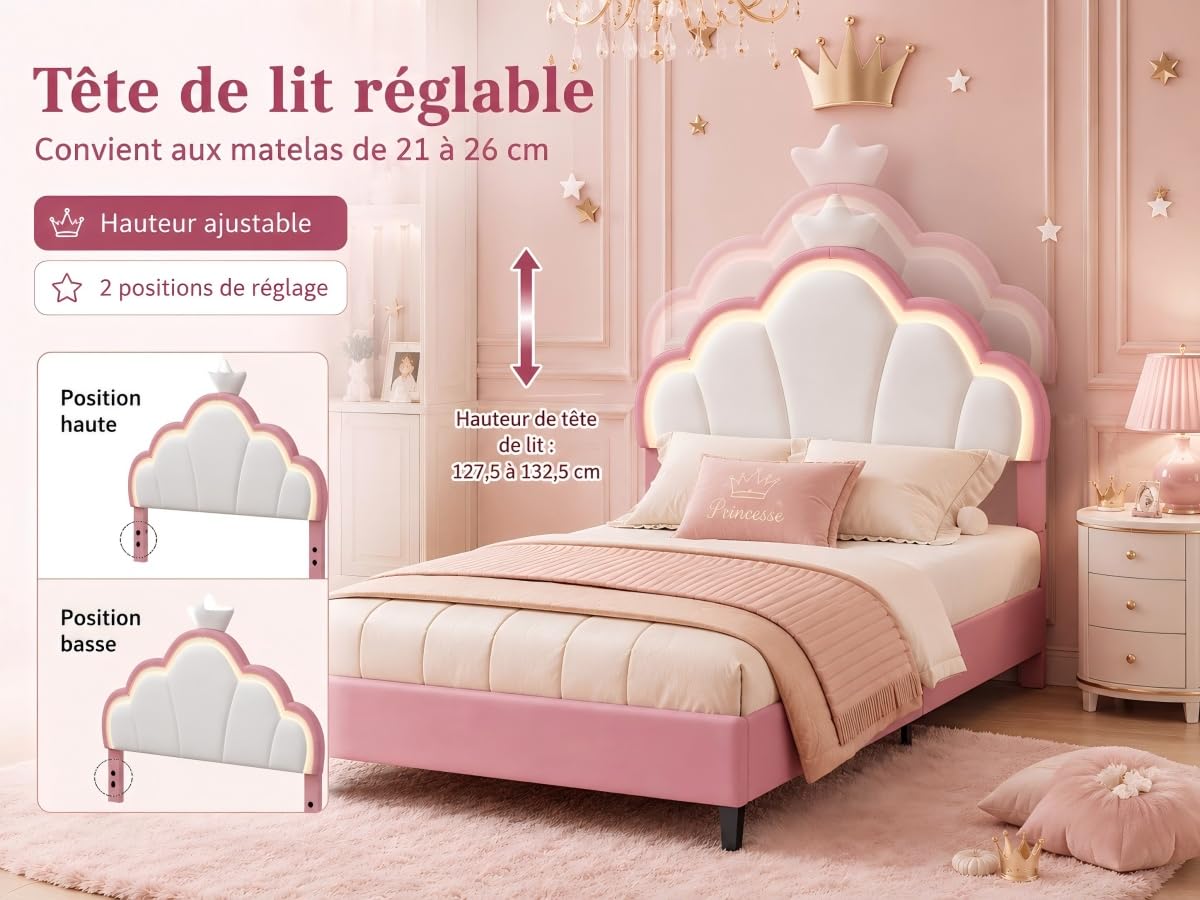 Cama infantil acolchada 90 x 200 cm, cama individual para niña con iluminación LED y somier de láminas, cabecero ajustable en forma de corona, terciopelo, rosa, sin colchón (rosa, 90 x 200 cm