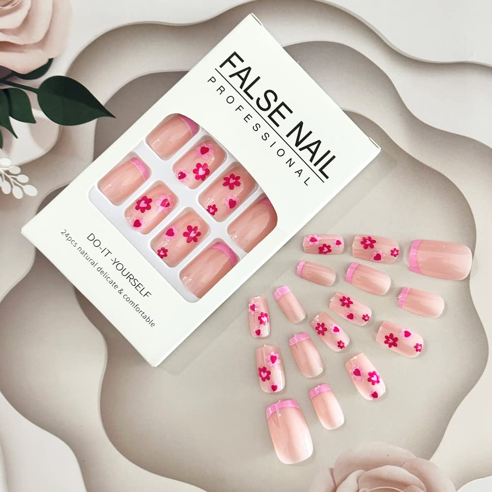 Flower Press on Nails Short Square Fake Nails, French Tip Press on Nails Pink Flower with Designs Glossy Acrylic Nails Glue on Nails Full Cover False Nails for Women and Girls 24pcs