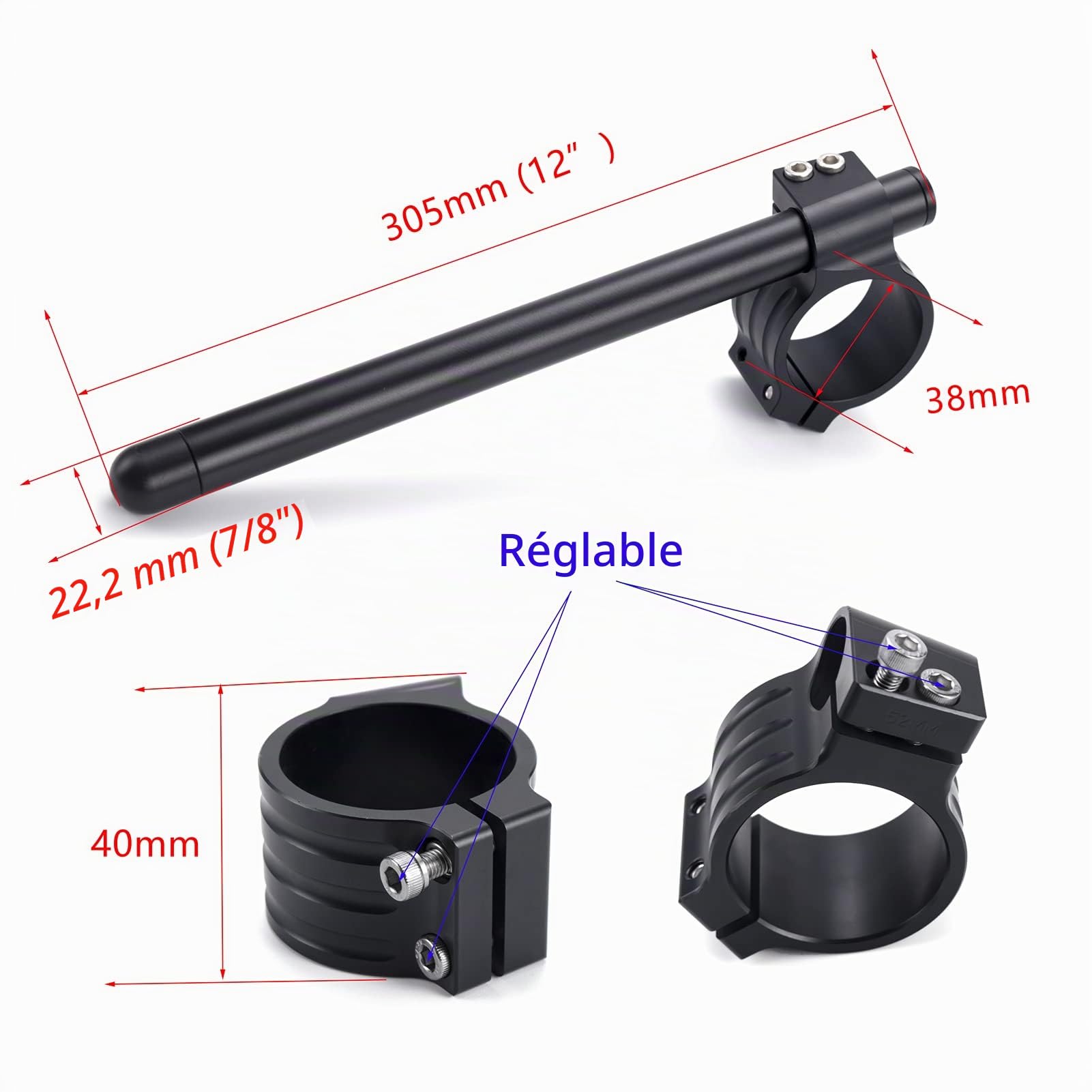 kit Demi Guidon Ø 38mm pour moto FZR 400/600 fourche Ø 38mm cafe racer demi guidon de tube Ø 22.2mm en aluminium