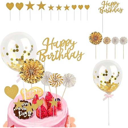 N A Ensemble De 16 Joyeux Anniversaire De Gateau Ventilateur De Papier Ballon Et Etoiles Et Amour De Gateau D Anniversaire Decoration De Joyeux Anniversaire Anglais Or Amazon Fr Cuisine Et Maison