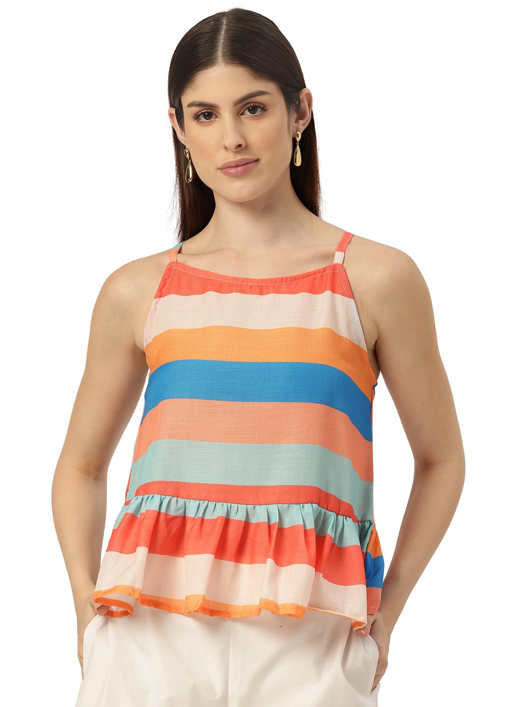 feranoid Cropped Sleeveless Strap Peplum top with Digital Print on Linen Fabric.-picture-40