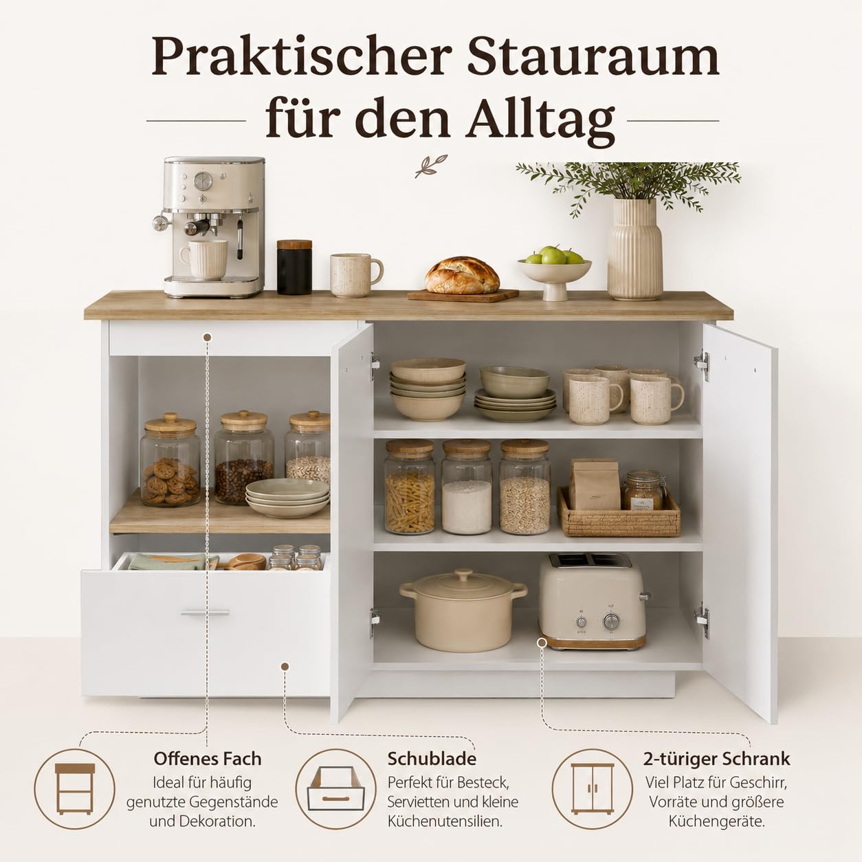 Kücheninsel mit Arbeitsplatte, Küchenschrank mit 1 Schublade, Kücheninsel mit Verstellbare Regale, Buffetschrank, Frühstückstisch, 150 x 91 x 80 cm, MDF, Weiß + Eichenholz