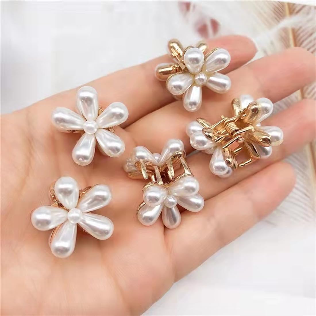 12 Mini-Perlen-Haarspangen Blumenform – Weiß/rosa, Metallklammern Für Damen & Mädchen