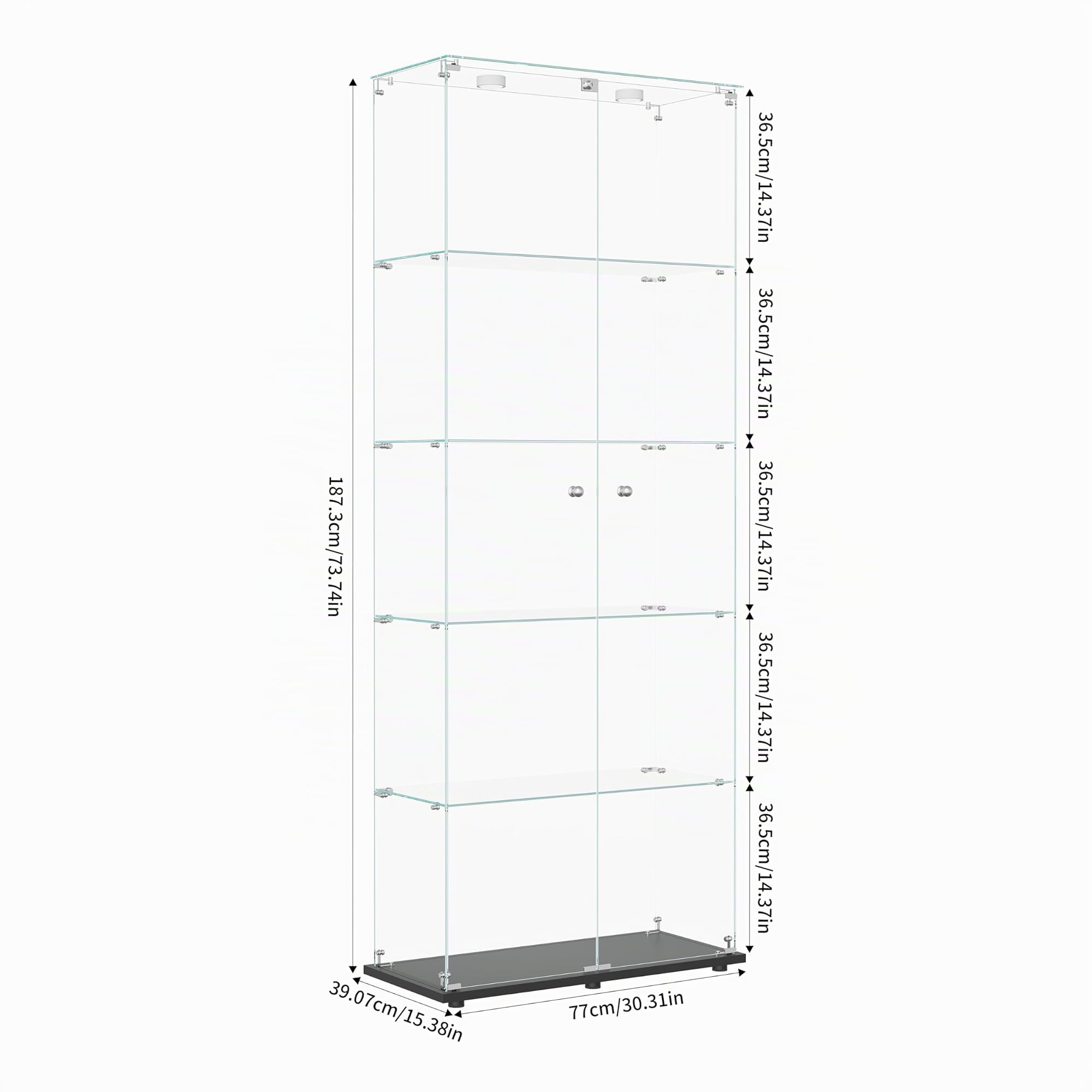 Vitrina de cristal con luces LED de pie, vitrina de cristal, 5 pisos, 2 puertas, armario de cristal adecuado para salón, dormitorio, oficina y bares (negro, 5 niveles, 2 puertas + LEDA)