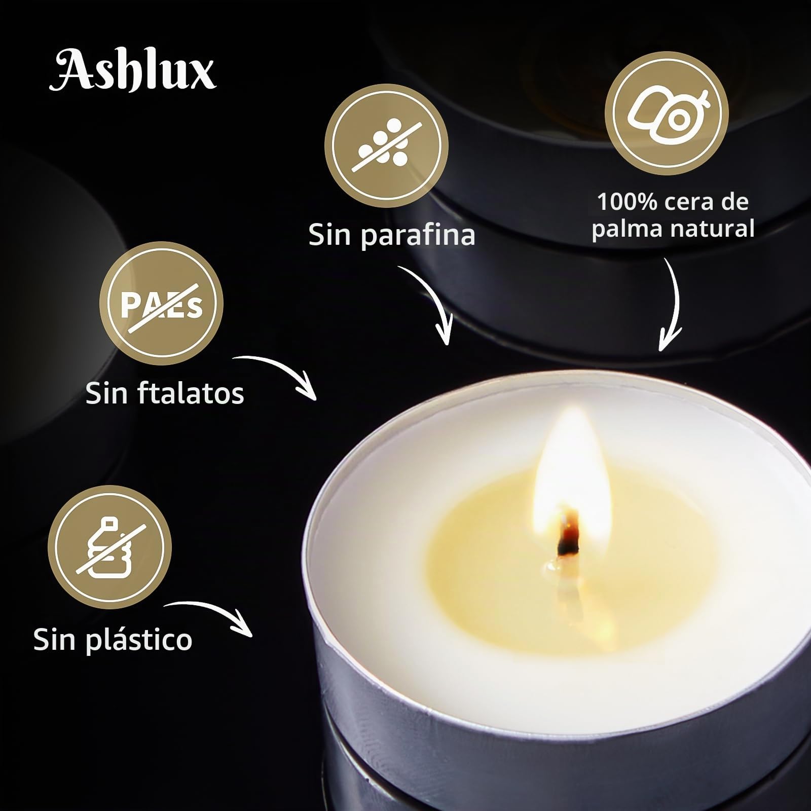Ashlux Velas Tealight de Cera de Palma, 50 Unidades Blancas, 8-9h de Larga Duración, Sin Humo y Sin Olor, Con Portavasos de Aluminio, Sin Parafina para Boda, Fiesta y Decoración del Hogar