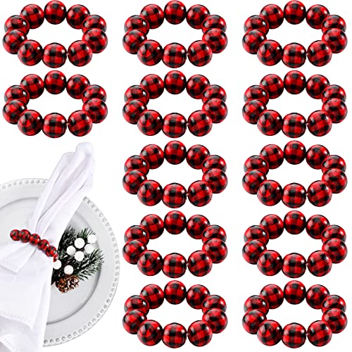 Hotop 12 Pcs Christmas Wooden Beaded Napkin Ring Set Wooden Beaded Napkin Buckles Christmas Wood Napkin Rings For Christmas Farmhouse Home Table Decoration (Red And Black) #TOP26