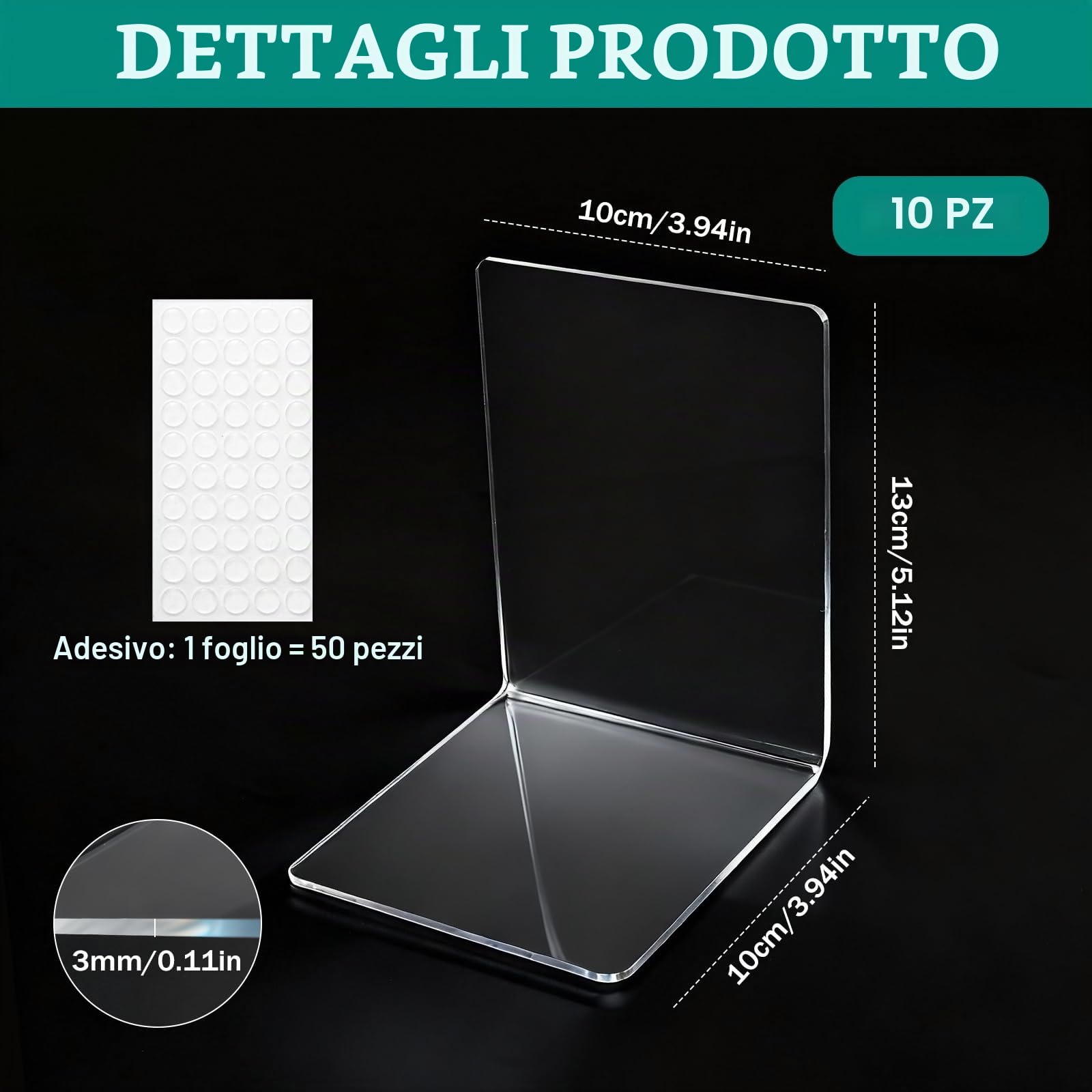 10 Pezzi Fermalibri per Mensole Trasparente in Acrilico con adesivi antiscivolo, Ferma Libri per Libreria Spessi 3, Reggilibri per Camera da Letto, Biblioteca, Ufficio, Scuola e Studio