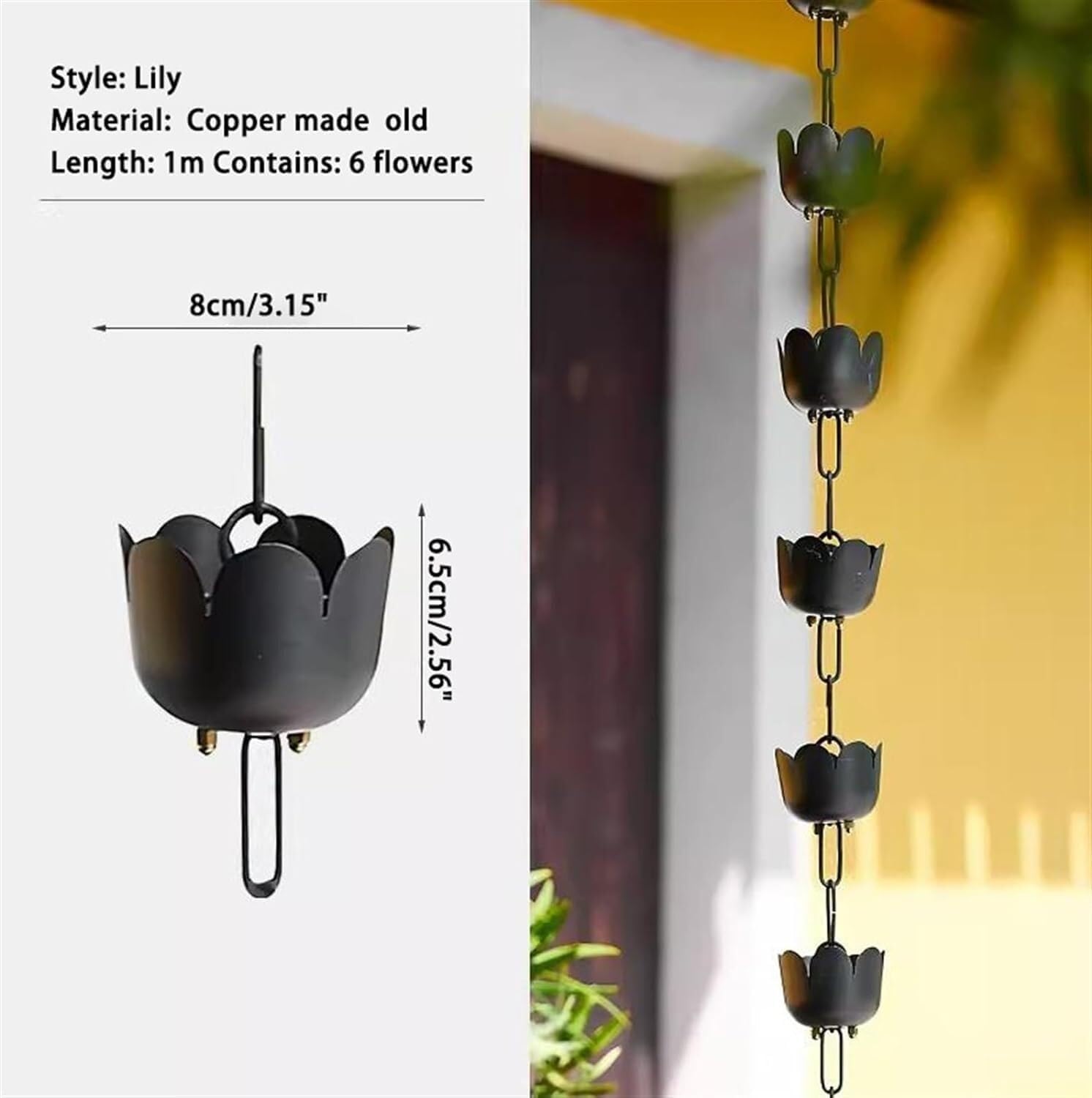 Copper Rain Gutter Chains, Petal-Shaped Rainwater Harvesting Cups for Eave Drainage, Rainwater Collector Chains in Customisable Lengths(Cooper Made Old,2m/6.5ft)