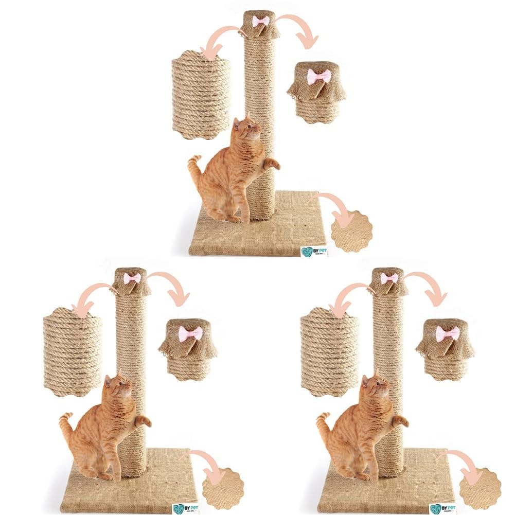 Bypet Kedi Tırmalama Direği - Doğal Jüt Halat Kedi Tırmalama ve Oyun Platformu (Pembe Papyon) (3 paketi)