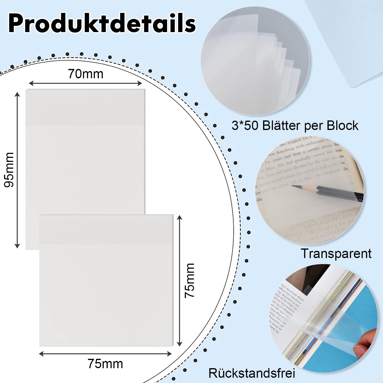 Transparent Sticky Note Set, 300 Sheets Self Adhesive Note Tabs Waterproof Self Adhesive Pads, Removable Clear Sticky Notes Suitable for Reading, Studying, Home, Office, School (6 Colors, 2.6 x 3.7