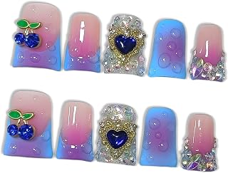 10pcs Blue French Tip Press on Nails with Tools Kit, Short Duckbill Glossy Nails, Rhinestones & Heart with 3D Water Droplet Carvings, Sweet Edge Style for Parties & Special Events (Size M)