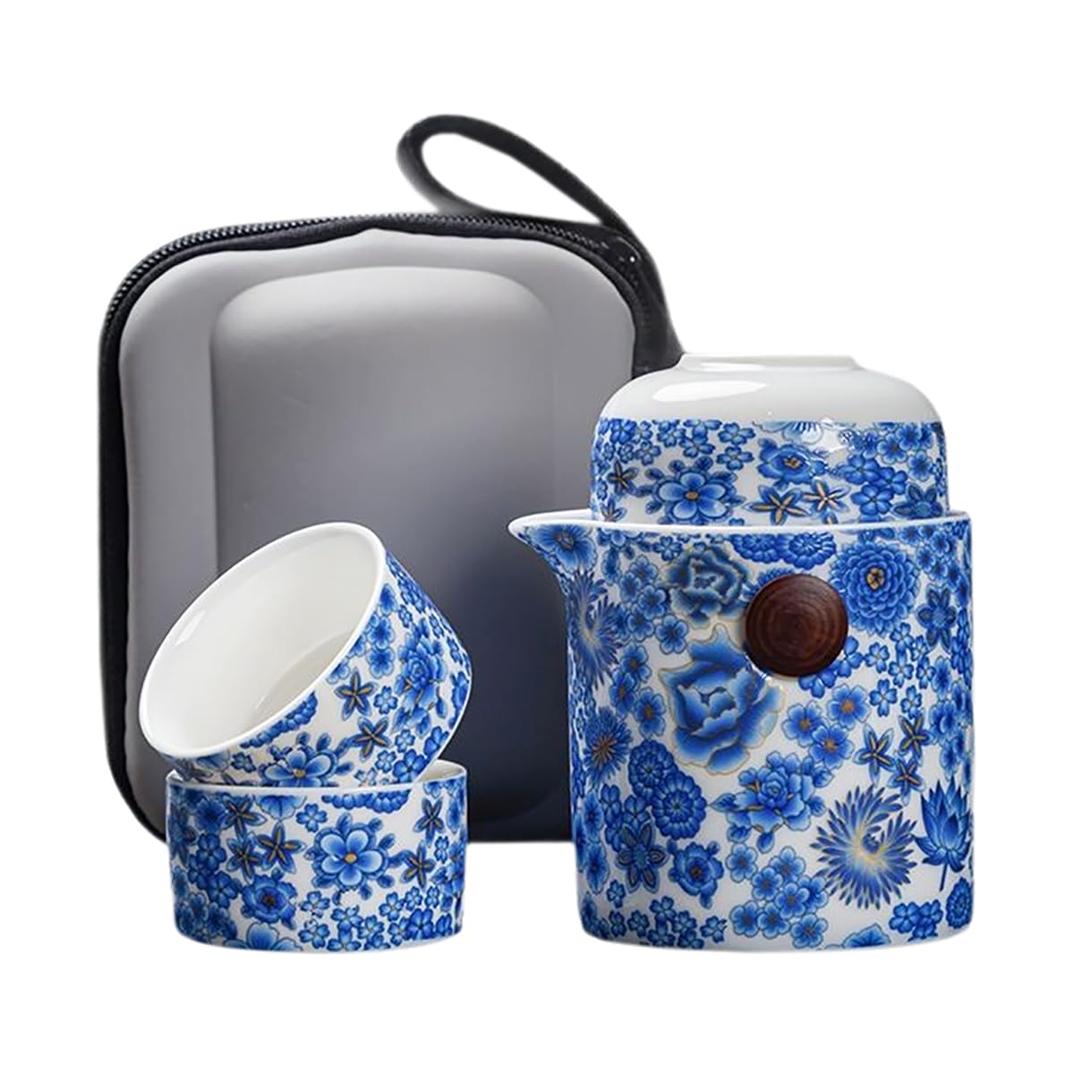 Sizikato Tea for One Teapot and Cup Set, Blue and White Porcelain Tea Set for Office, Outdoor, Travel.