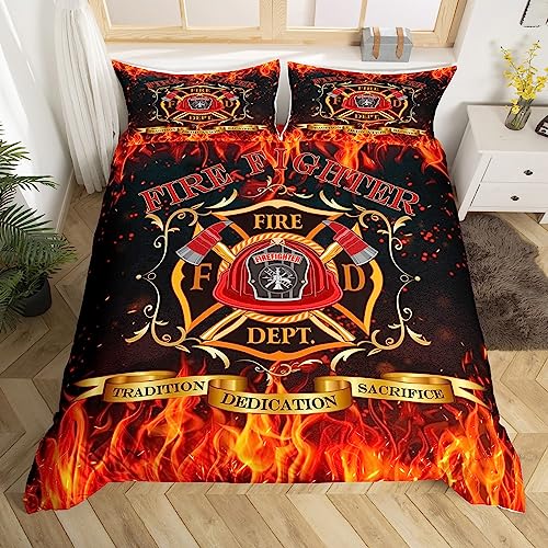 Firefighter Theme Duvet Cover,Children Burning Flame Bedding Set,Fireman Sign Comforter Cover for Boys Kids Room Decor,Teens Red and Black Bedspread Cover Queen Size with 2 Pillow Cases(No Comforter)