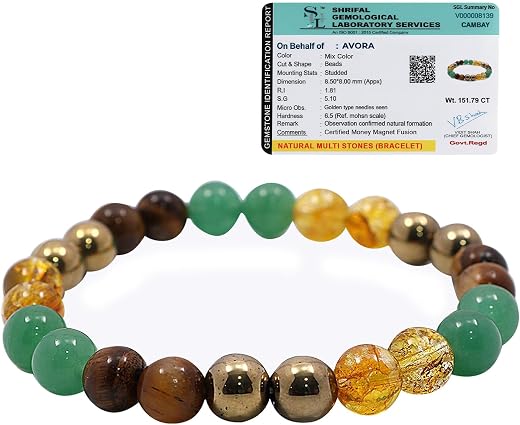 AVORA Money Magnet Fusion Bracelet for Men & Women | Natural Pyrite, Tiger Eye, Citrine & Aventurine Crystal Beads | Certi...