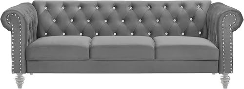 Miniatura 12 de New Classic Furniture Glam Emma - Sofá de terciopelo de tres plazas estilo Chesterfield para espacios pequeños con botones de cristal, azul rey Azul