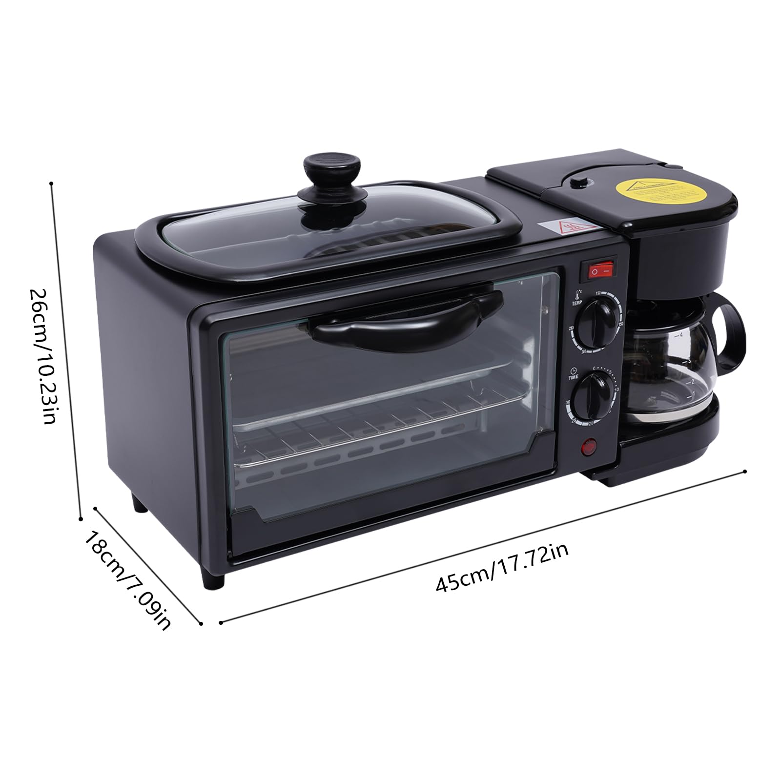 Macchina per la colazione multifunzione 3 in 1, 600 ml, filtro a tramoggia, tostapane, forno 9 l, griglia antiaderente, lavoro separato, timer 0-30 minuti