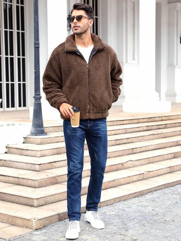 Image of BE SAVAGE Solid Sherpa Oversized Jacket Woolen Long Sleeves Zipper Hoodie For Men's