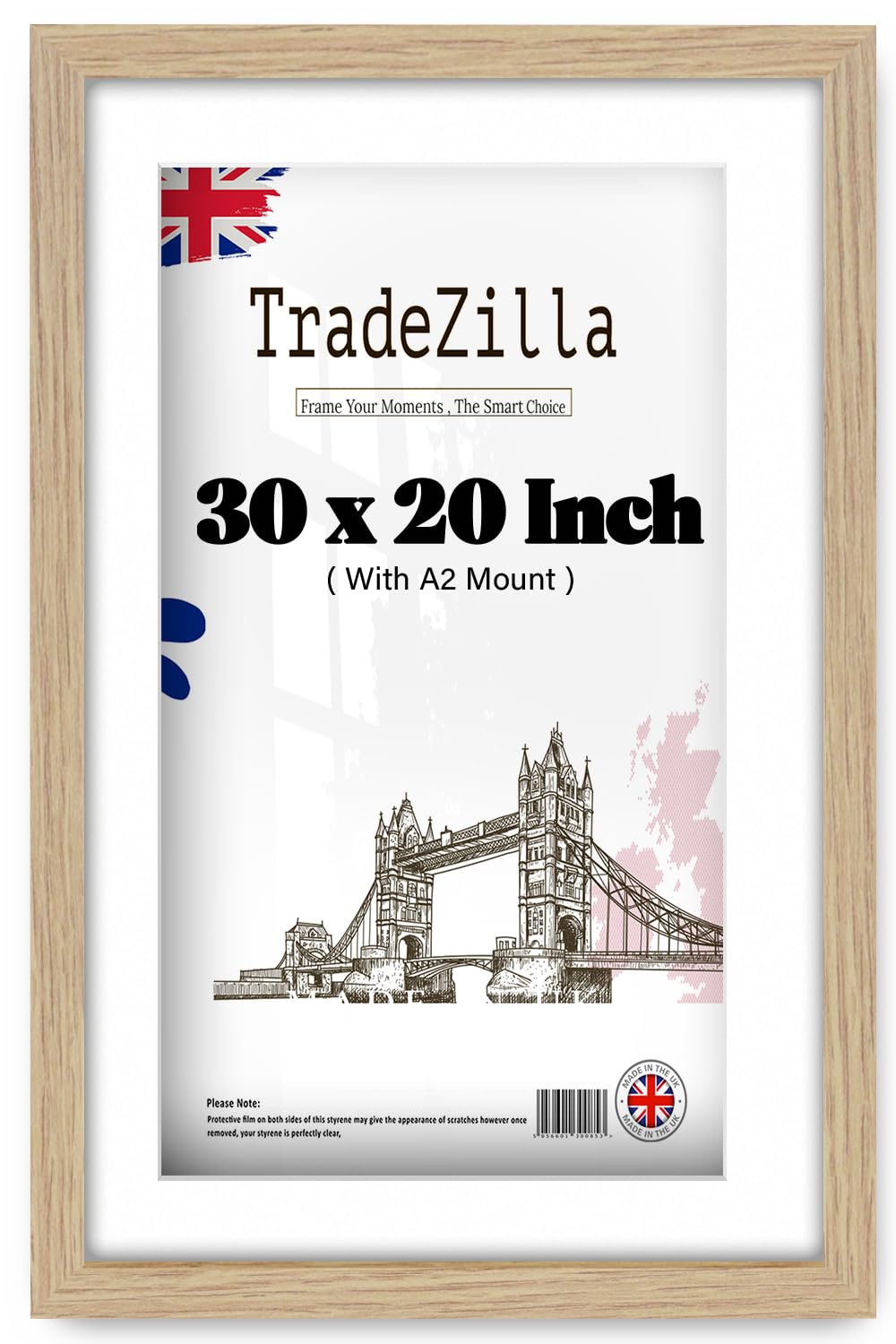 TradeZilla | Decorative MDF Photo Frame (76.2 x 50.8 cm) with A2-(41.90 x 59.40 cm) White Mount Engineered Wood | 30 Inch x 20 Inch Picture, Poster, Artwork Display for Home & Office [ Oak ]