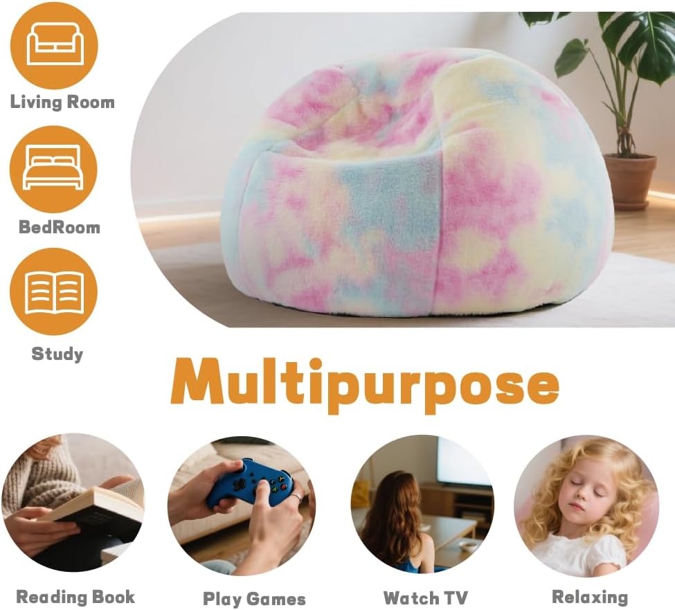Modern Soft Fluffy Bean Bag Chair With Faux Rabbit Fur Cover, Memory Foam Bean Bag Chairs For Kids Teens, Furry Fuzzy Faux Fur Fabric Beanbag, Round Rainbow Plush Sofa For Bedroom, Living Room, Dorm