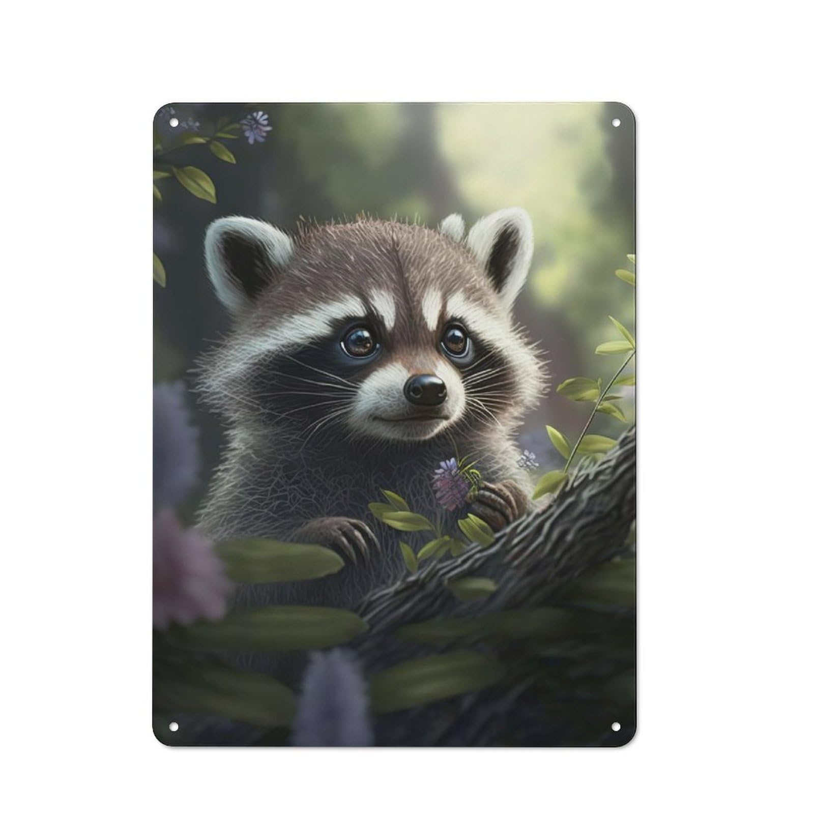 Junmoney Style-18 Metal Wall Plaque With Cute Raccoon With Flowers Design 40X30cm, Retro Small Space Decor For Flat, Dorm Room, Lounge Or Cafe