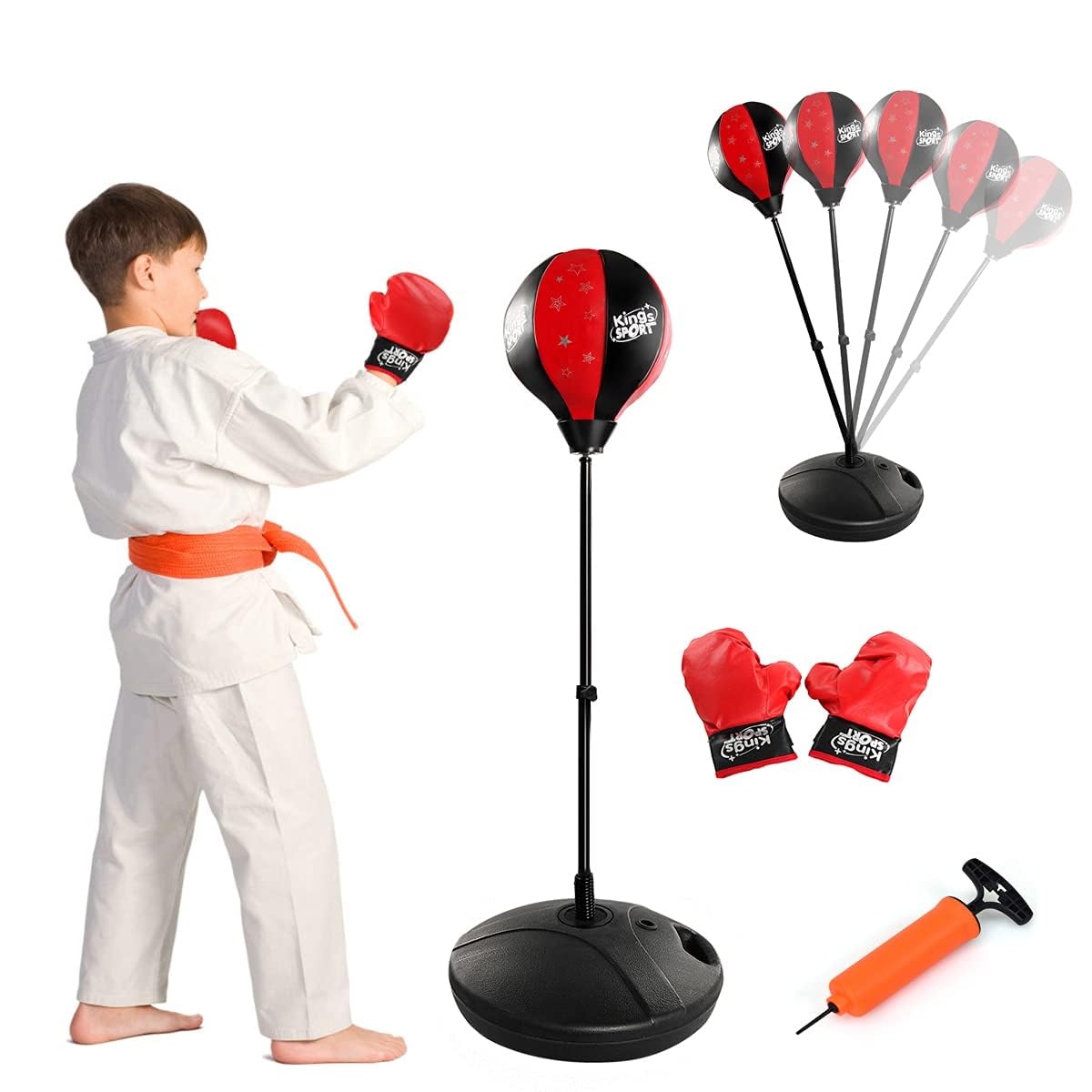 RELAX4LIFE Punching Ball con Guantini per Adulti e Bambini, Sacco da Boxe con Altezza Regolabile 81-123 cm, Palla di Pugilato da Terra con Base Stabile, Rosso e Nero (Piccolo)