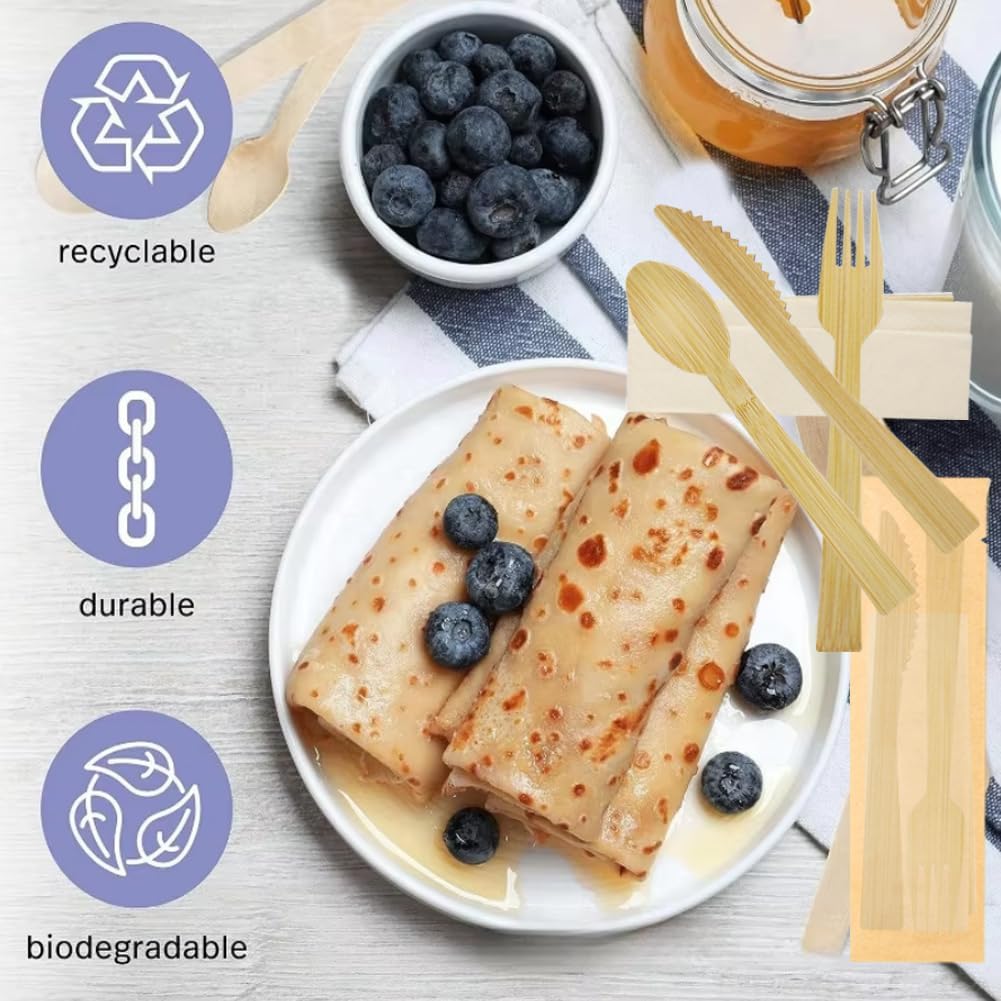 10Pack Luxury Individually Wrapped Disposable Cutlery Set; Eco-Friendly Utensils Packets of Knives,Forks,Spoons,Tissue; Wooden Guest Disposable Tableware for Party, Camping, Traveling, Family Dinners