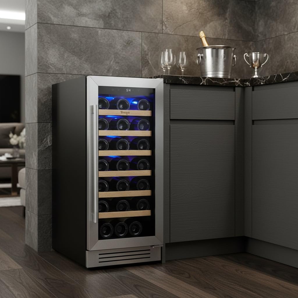 HomeRoots 720634 34 x 15 in. Silver Stainless Steel Single Compartment Wine Refrigerator Cooler