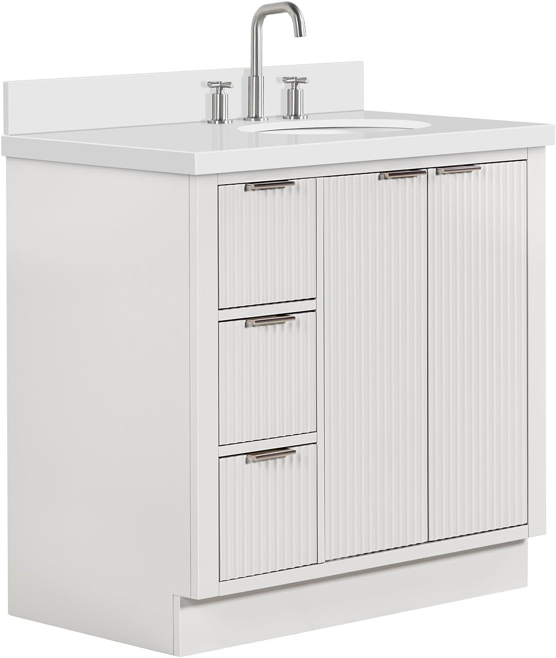 ARIEL Milan 36-inch Bathroom Vanity with Sink,Solid Wood, 1.5-inch Pure White Quartz Countertop & Backsplash, Single Oval Porcelain Sink, 2 Soft Closing Doors, 3 Dovetail Drawers, Warm White