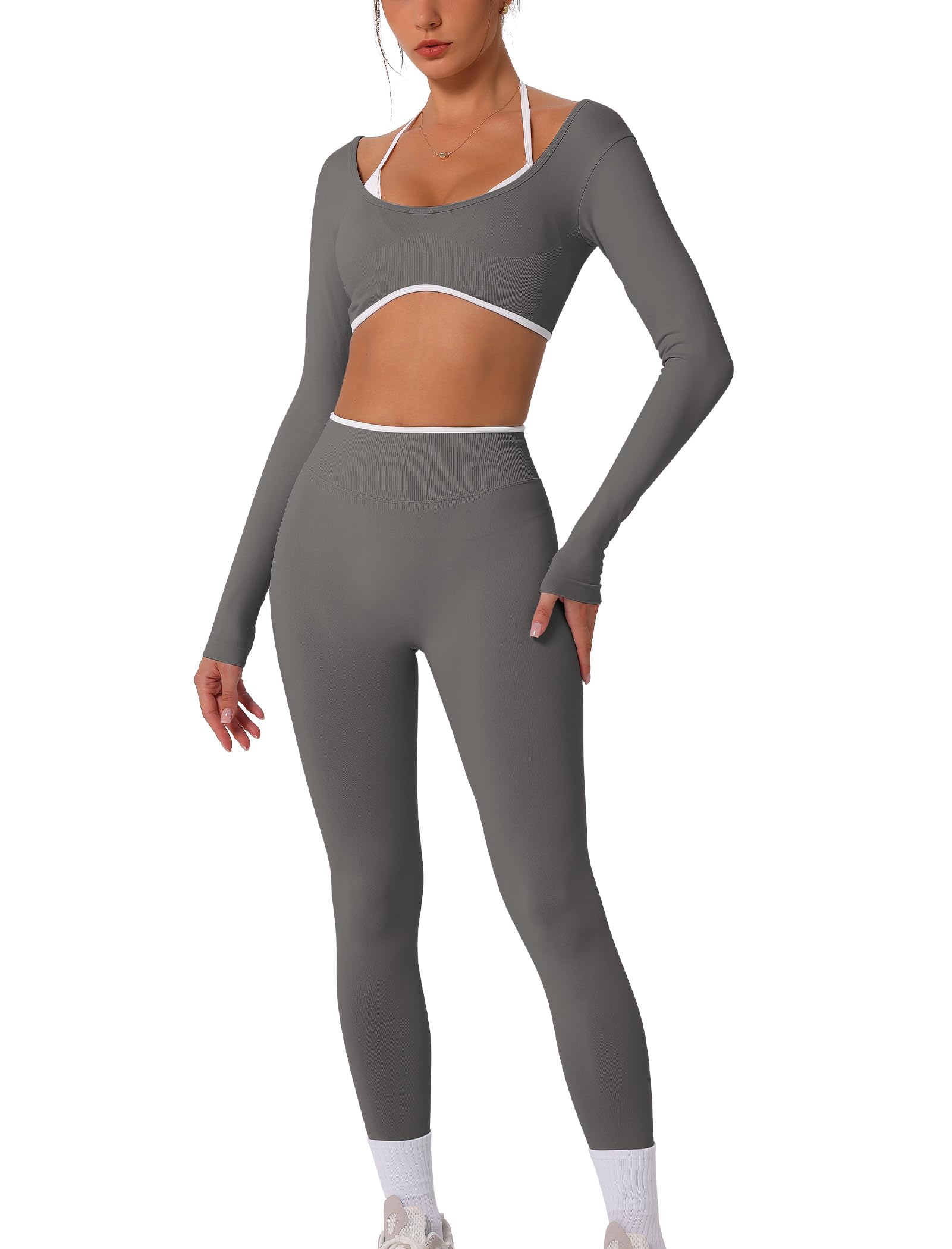 IDOPIP Workout Set Damen Rückenfrei: Zweiteiler Kontrastfarbe Sport Set Hohe Taile Po-formende Leggings und Top mit integrierten Cups - Jogginganzug für Fitness Yoga Pilates Gym