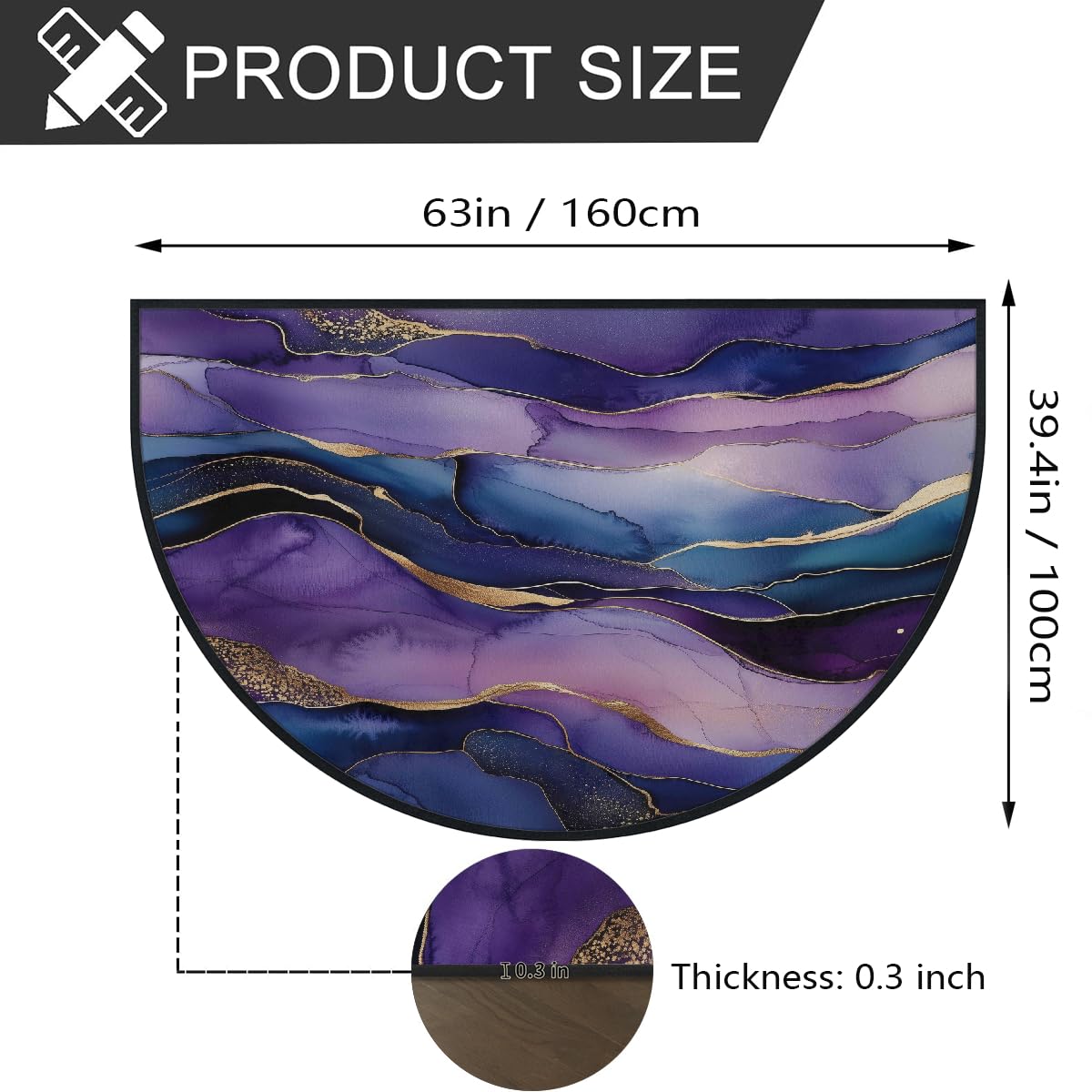 Mexpekil Paillasson demi-lune à encre abstraite pour intérieur et extérieur - Tapis de sol antidérapant - Lavable - Attrape la saleté - Demi-rond - 100 x 160 cm