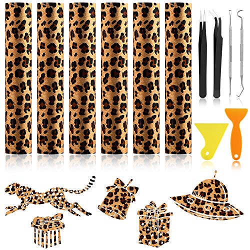 12 Pieces Leopard Pattern Heat Transfer Vinyl Set Include 6 Pieces Leopard Iron on Vinyl Sheet Animal Print HTV with 6 Pieces Vinyl Weeding Tools for DIY Craft Clothing Bags Decoration