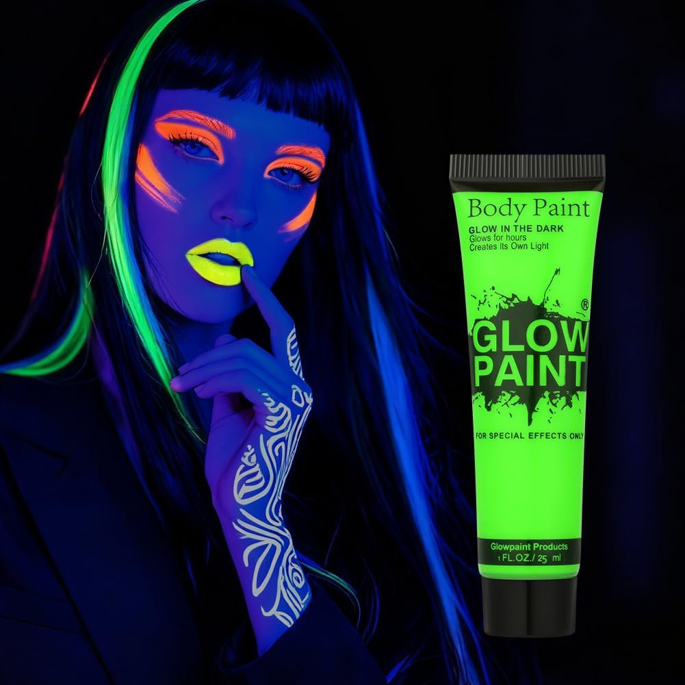 UV Body Painting, 25 ml Neon UV Make-Up, Face Paint, Children's Make-Up, Halloween, Fluorescent Body Colour for Carnival Make-Up, Fancy Dress, Green