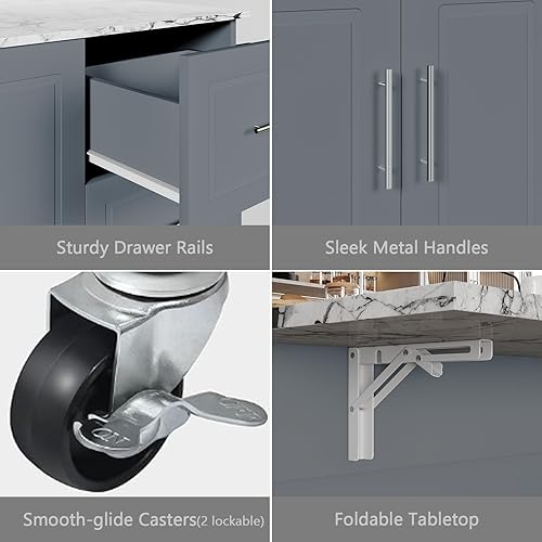 Miniatura 7 de Isla de cocina con encimera de almacenamiento y hojas de caída isla de cocina sobre ruedas con 3 cajones y estante para especias y toallero mesa
