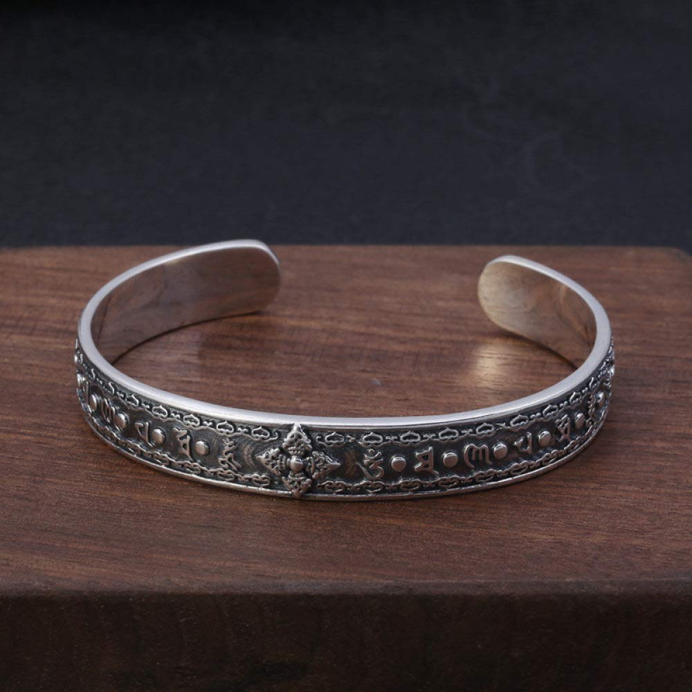 S925 Vintage Pulsera De Plata para Mujeres Hombres Apertura De Seis Caracteres, Instrumento Mantra Budista Sencillo Y Simple Estilo Chino Personalidad Creativa Encanto Hermoso Regalo