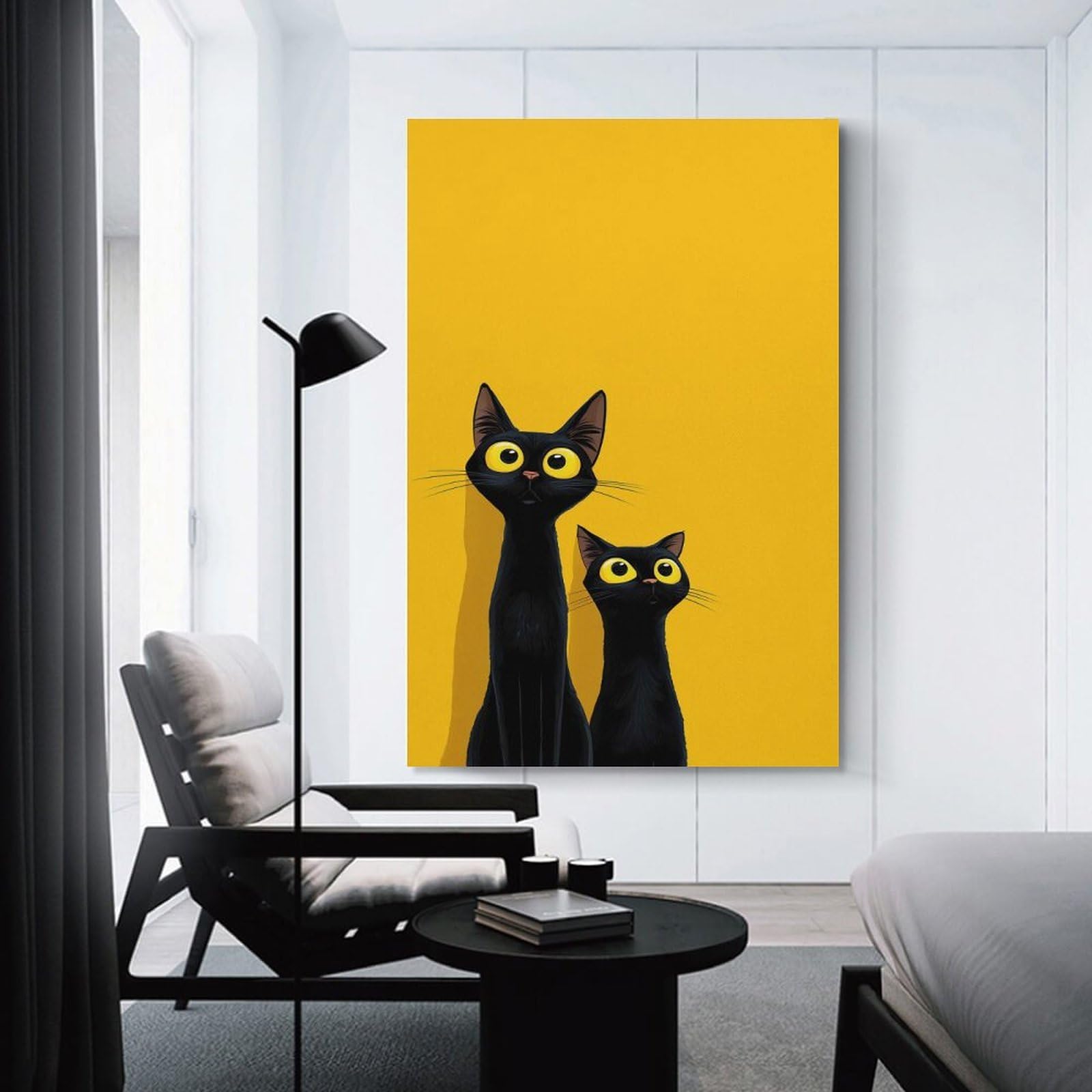 Junmoney Two Black Cats on Yellow Background Canvas Wall Decor, 12x18inch(30x45cm), for Lounge Decor, Bedroom Walls Or Flats, Eye Catching Artwork for Blank Walls