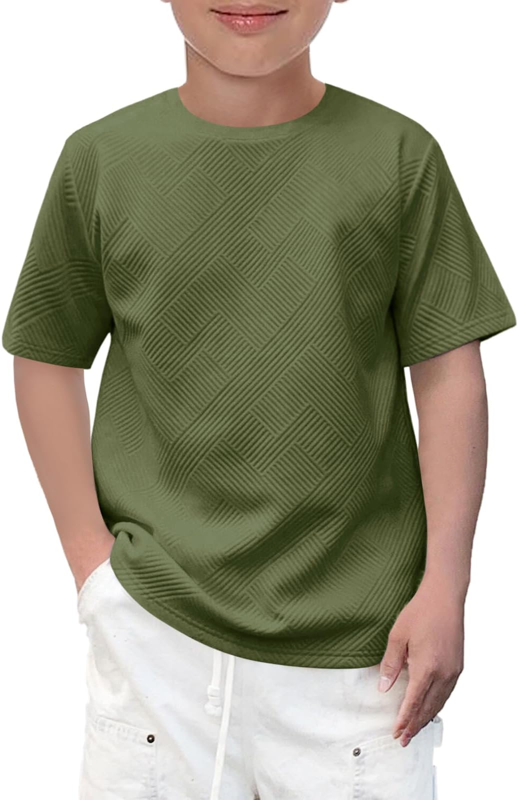 Haloumoning Boys Geometric Texture T-Shirts Kids Fashion Crewneck Short Sleeve Loose Tops Tees 5-14 Years