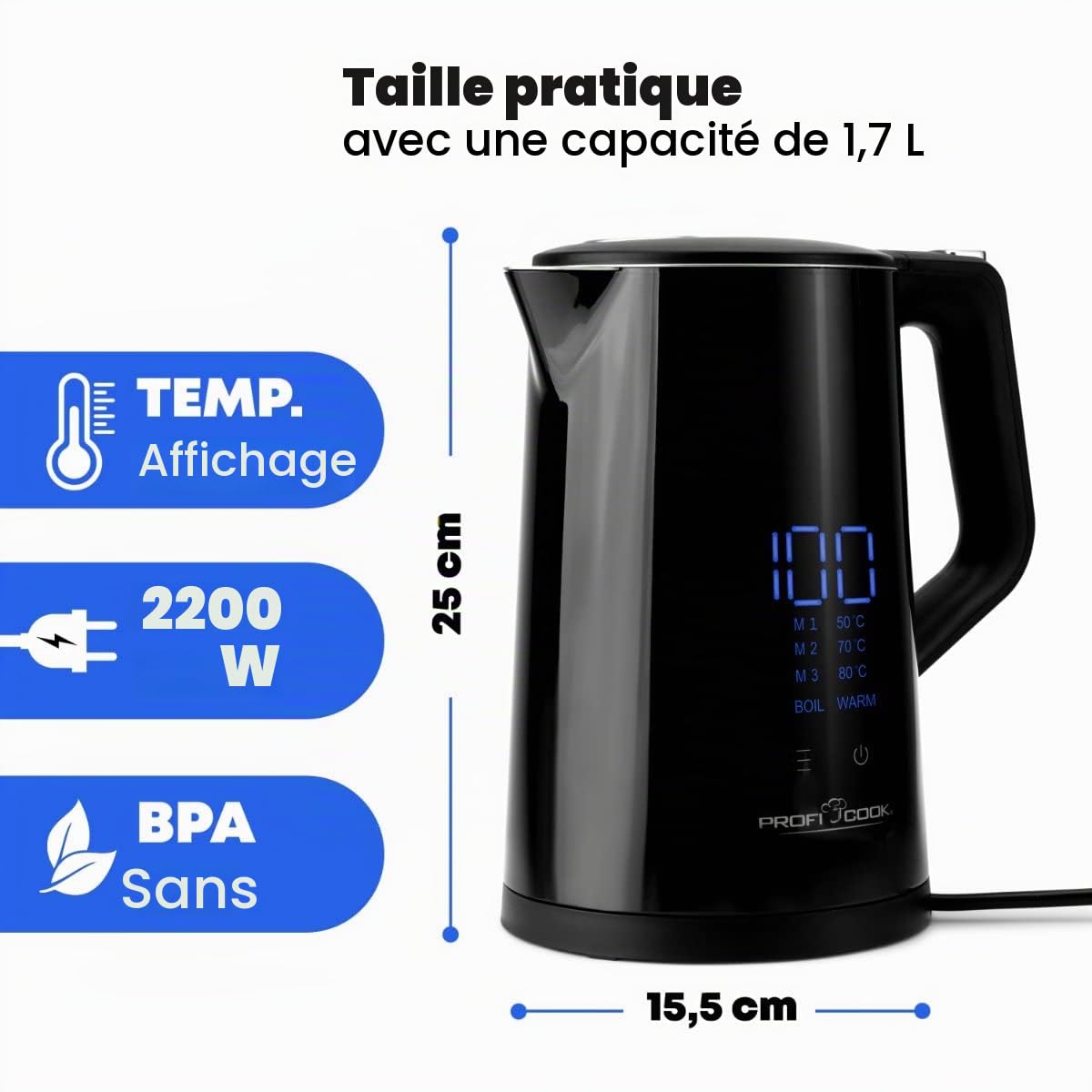 ProfiCook® Bouilloire avec réglage de la température 1,7 litre - Choix de la température 50°-100°C, fonction maintien au chaud, théière avec réglage de la température - PC WKS 1243
