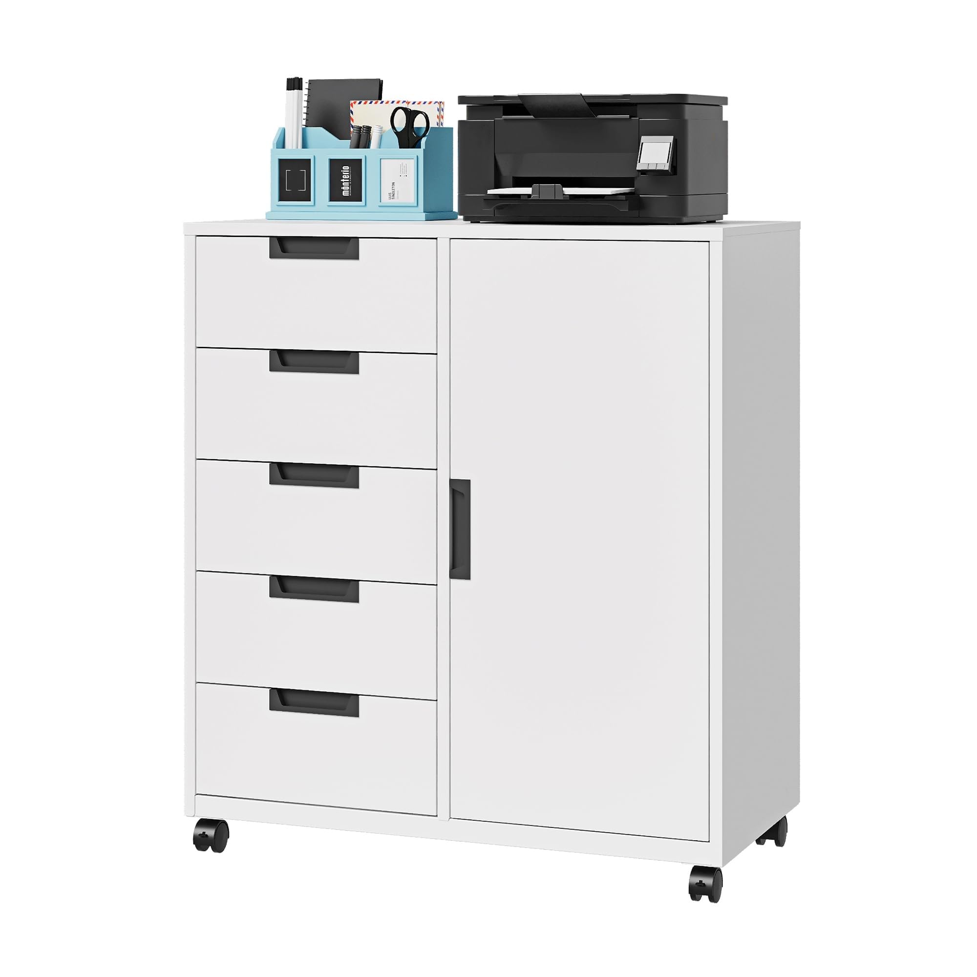 Letaya 5 Drawer Storage Cabinet, Mobile Printer Stand for Home Office,Dresser Chest with Shelves and Door(White)