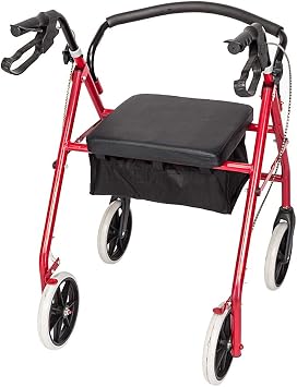 Lightweight Wheel Rollator, Folding Mobility Aids for Elderly Disabled, Four Wheel Mobility Walker Rollator with Padded Seat, Lockable Brakes, Ergonomic Handles and Carry Bag, Red