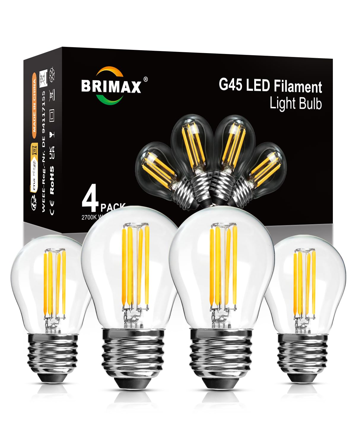 BRIMAX Dimmbare E27 LED Glühbirnen, G45 Kleine Leuchtmittel, Energiesparend 6 Watt 600 Lumen, Warmweiss 2700K, AC220-240V Glas Edison Lampen für Dekoration und Beleuchtung, 4 Stück
